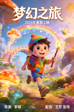 动画电影《梦幻之旅》海报 - 卡通角色在奇幻世界中冒险